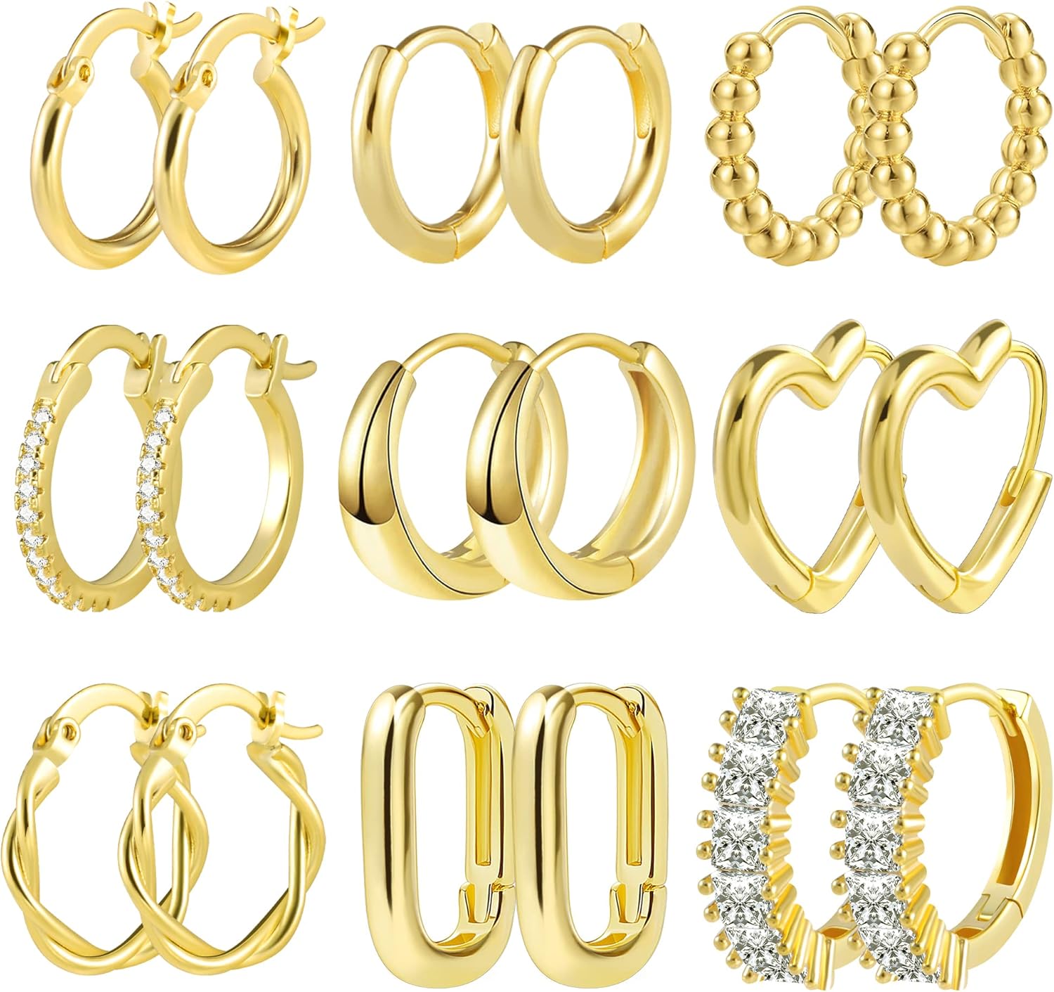 9 Pairs Multipack Small Gold Hoop Earrings Set for Women, 14k Real Gold Plated H...
