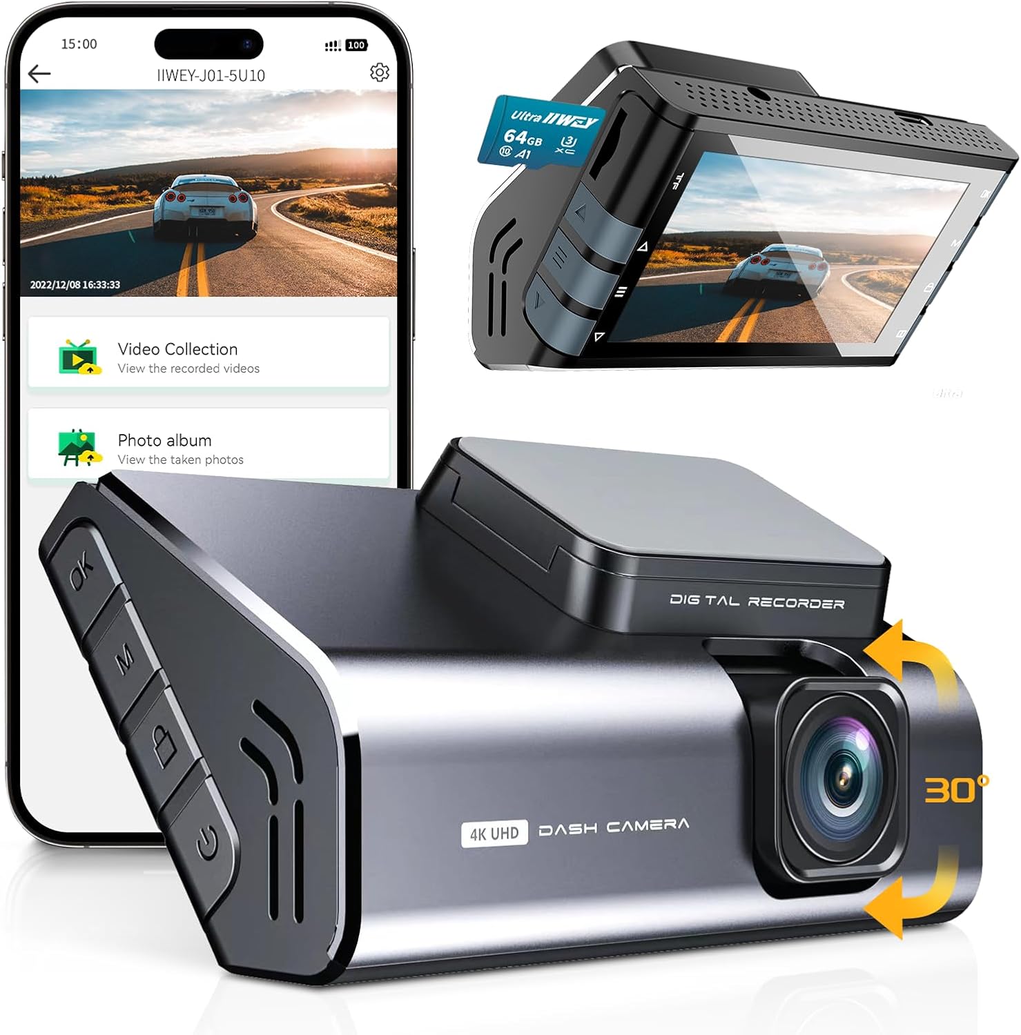 IIWEY 4K Dash Cam Front with WiFi, Compact Aluminum Alloy Body Car Cam, 3 Inch H...