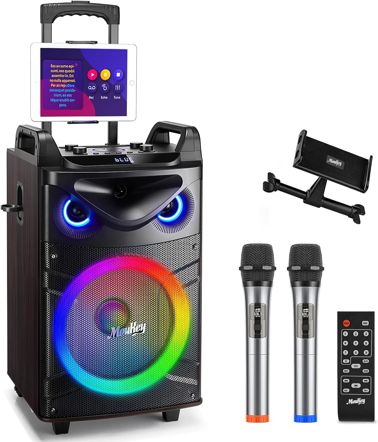 Moukey Karaoke Machine, Wood Pattern 10" Woofer Portable PA System, Bluetooth Sp...