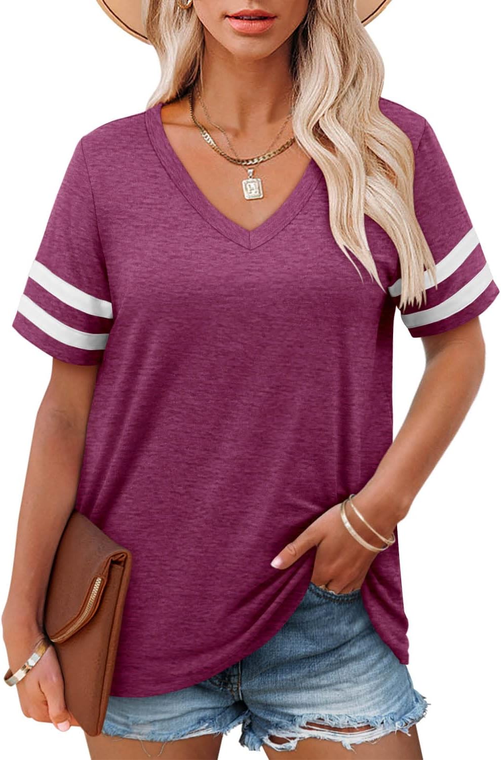 Angerella Casual Summer Tops for Women V Neck T Shirts Short Sleeve Tunic Tops L...