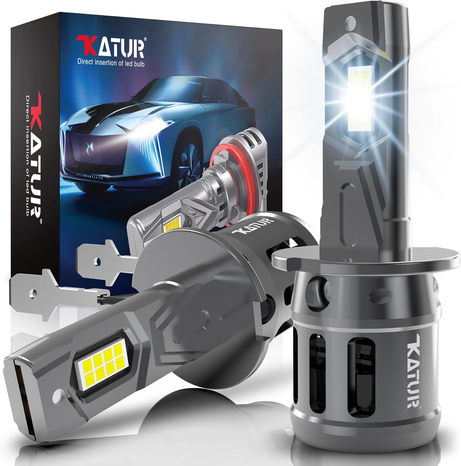 KATUR H3 LED Headlight Bulbs, 80W 16000LM 6000K Xenon White H3 Headlight Car Con...