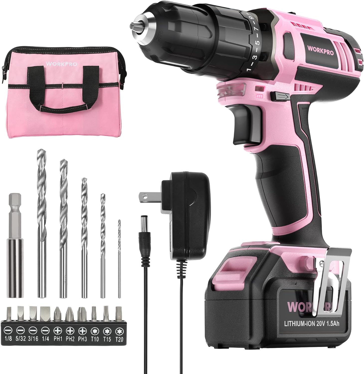 WORKPRO Pink Cordless 20V Lithium-ion Drill Driver...