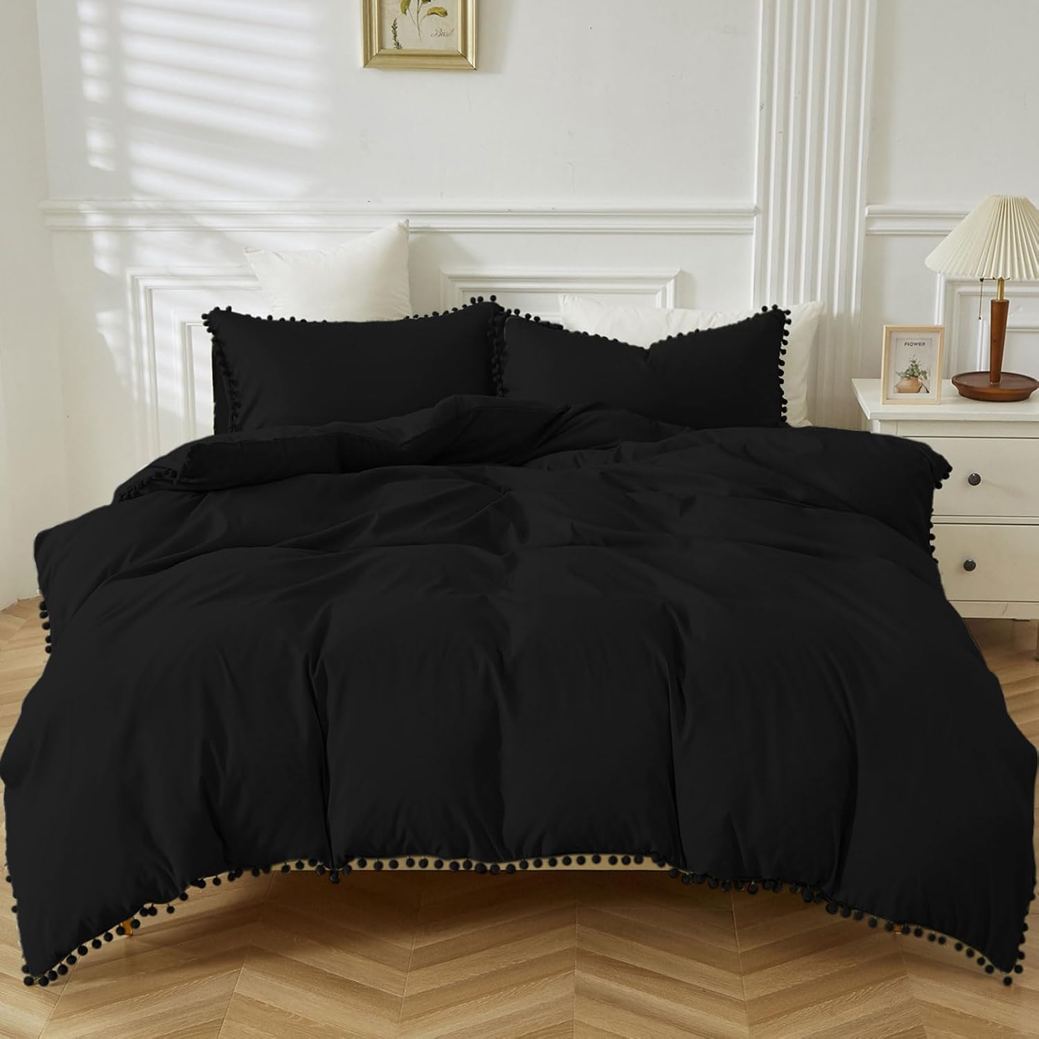WONGS BEDDING Black Duvet Cover King Size Pom Pom Tassels Bedding Cover Soft Mic...