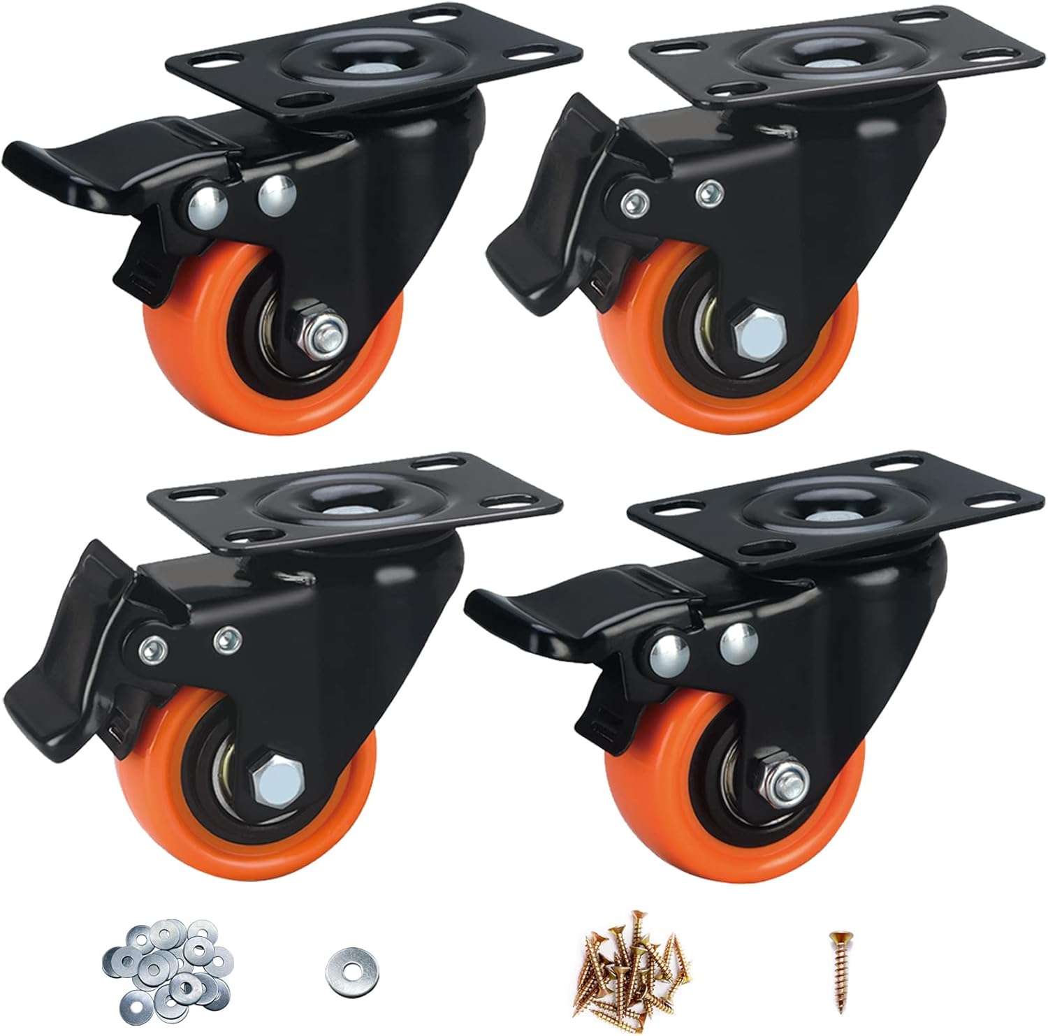 Casters, 2" Caster Wheels, Orange Polyurethane Castors, Top Plate Swivel Wheels,...