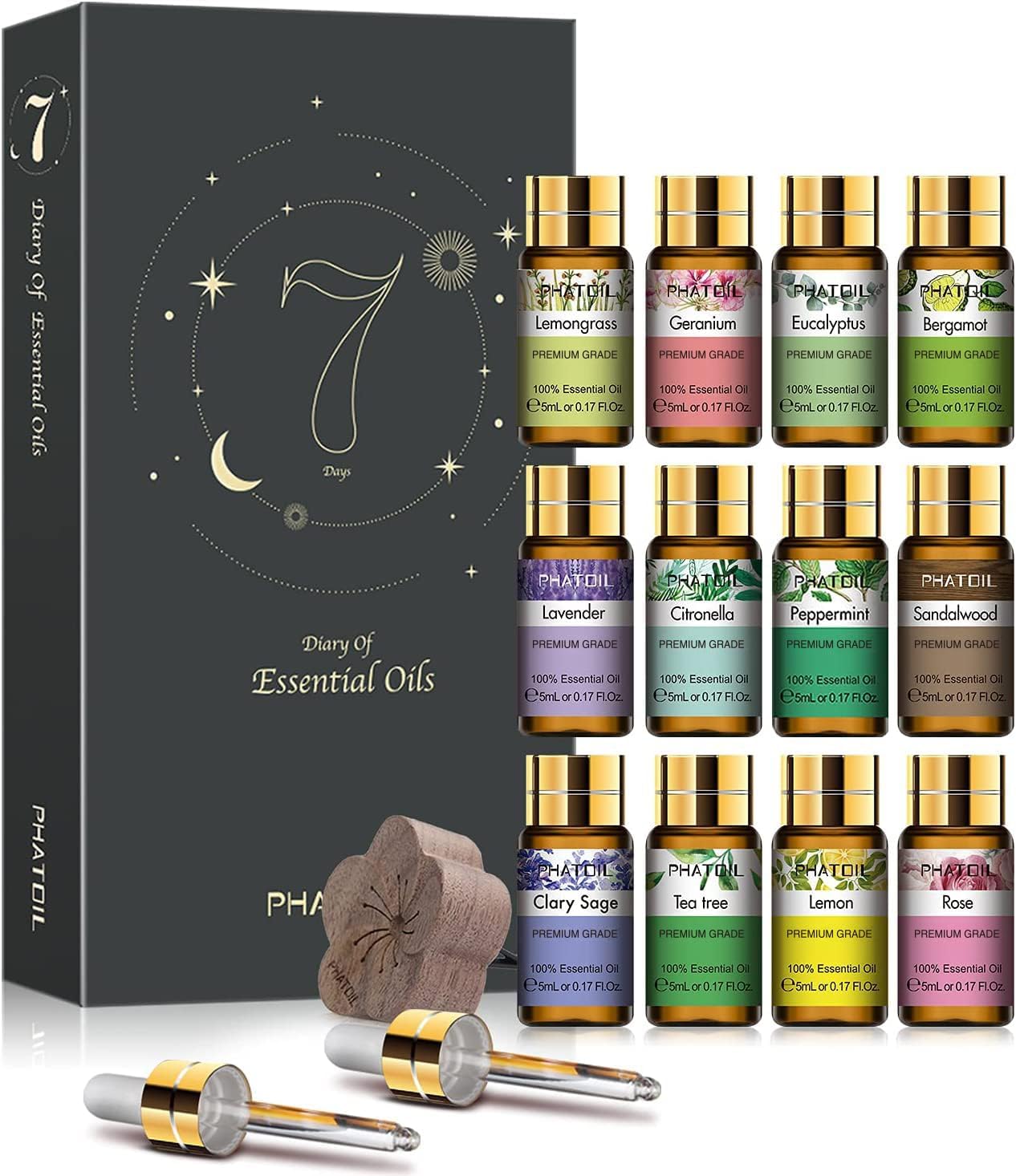 PHATOIL Premium Essential Oils Set with Wood Diffuser Pure Natural Aromatherapy...