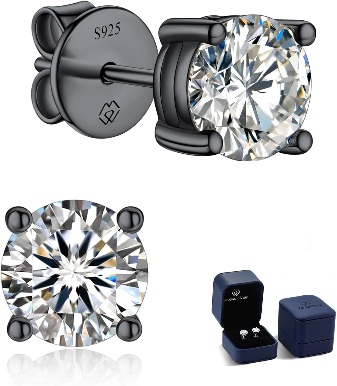 MomentWish Black Moissanite Stud Earrings, Moissanite Earrings for Women Men, D...