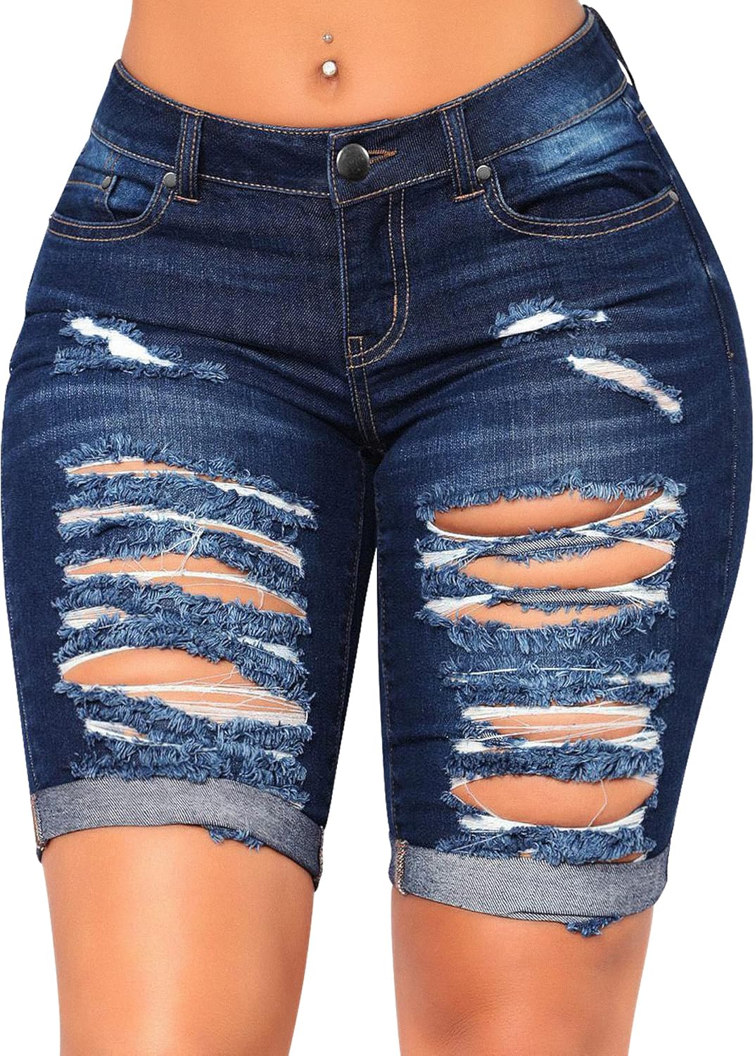 roswear Women's Distressed Knee Length Ripped Stretchy Jean Shorts XX-Large Dark...