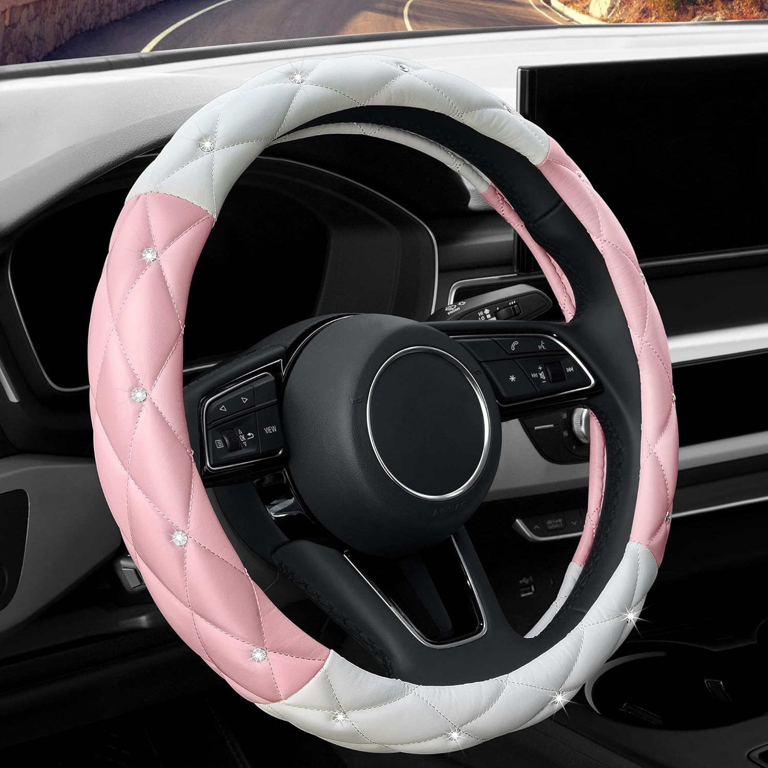 Cute Diamond Soft Leather Steering Wheel Cover with Bling Bling Crystal Rhinesto...