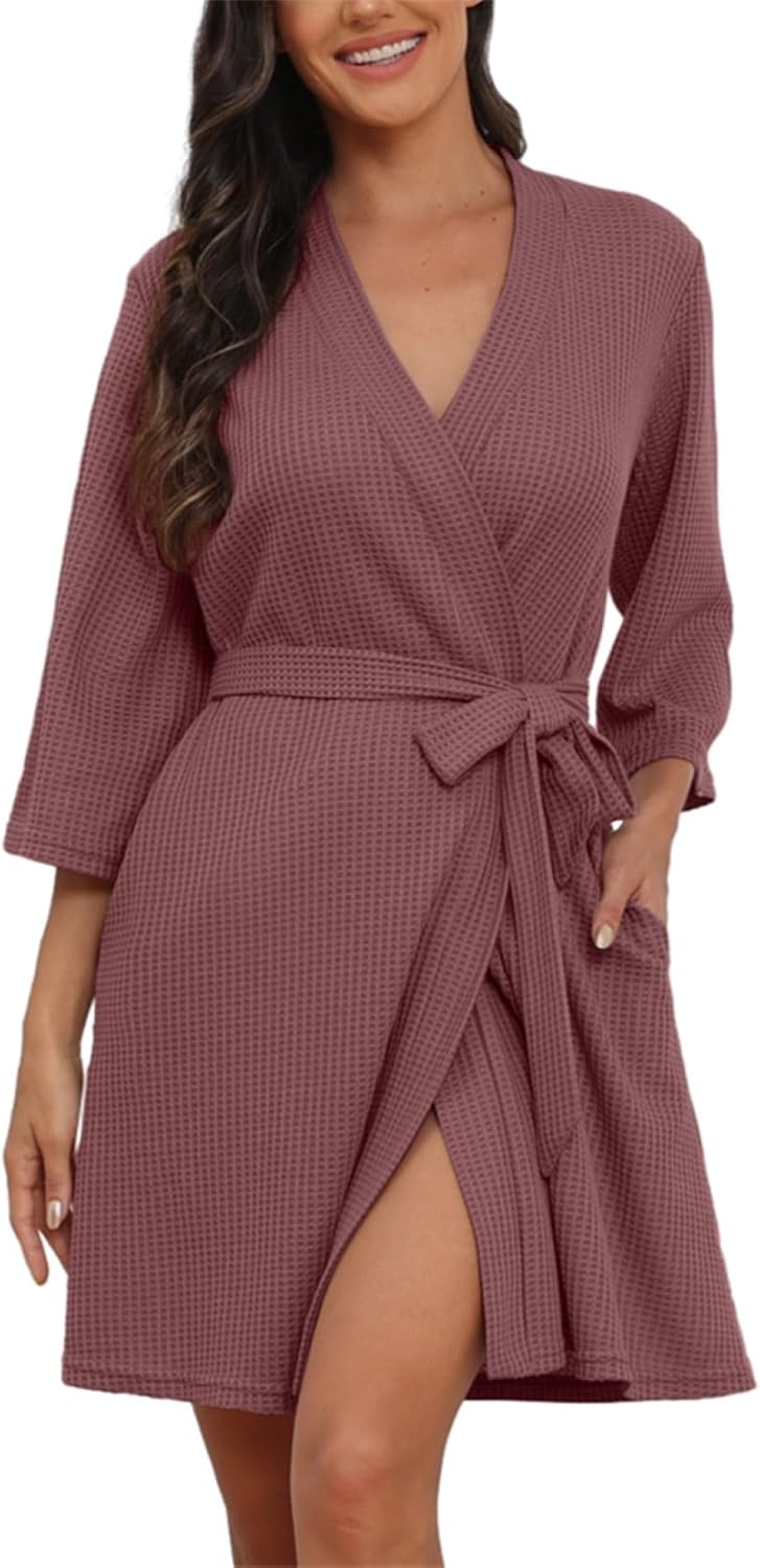 PrinStory Womens Dressing Gown Waffle Soft Kimono Robe V-Neck Short Knit Bathrob...