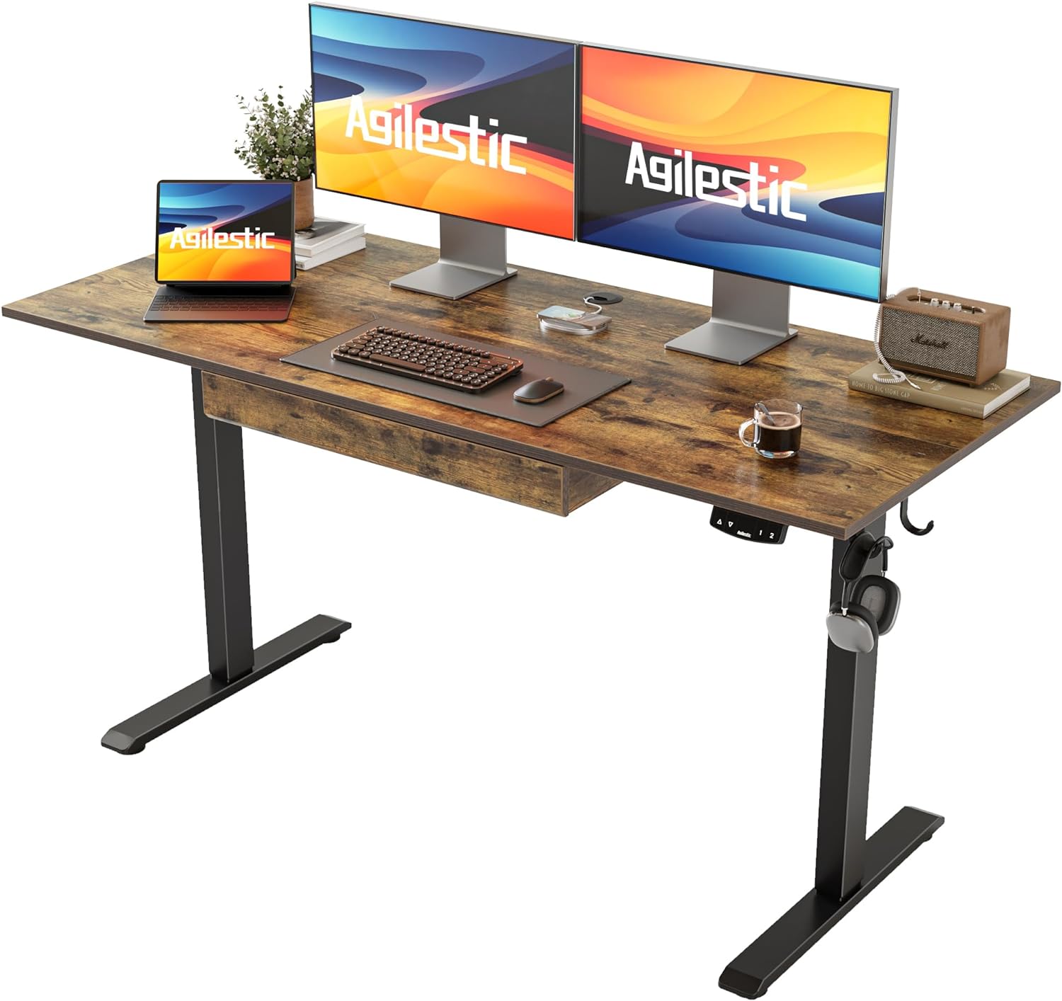 Adjustable Height Electric Standing Desk with Storage Wooden Drawer, 55 x 24 Inc...