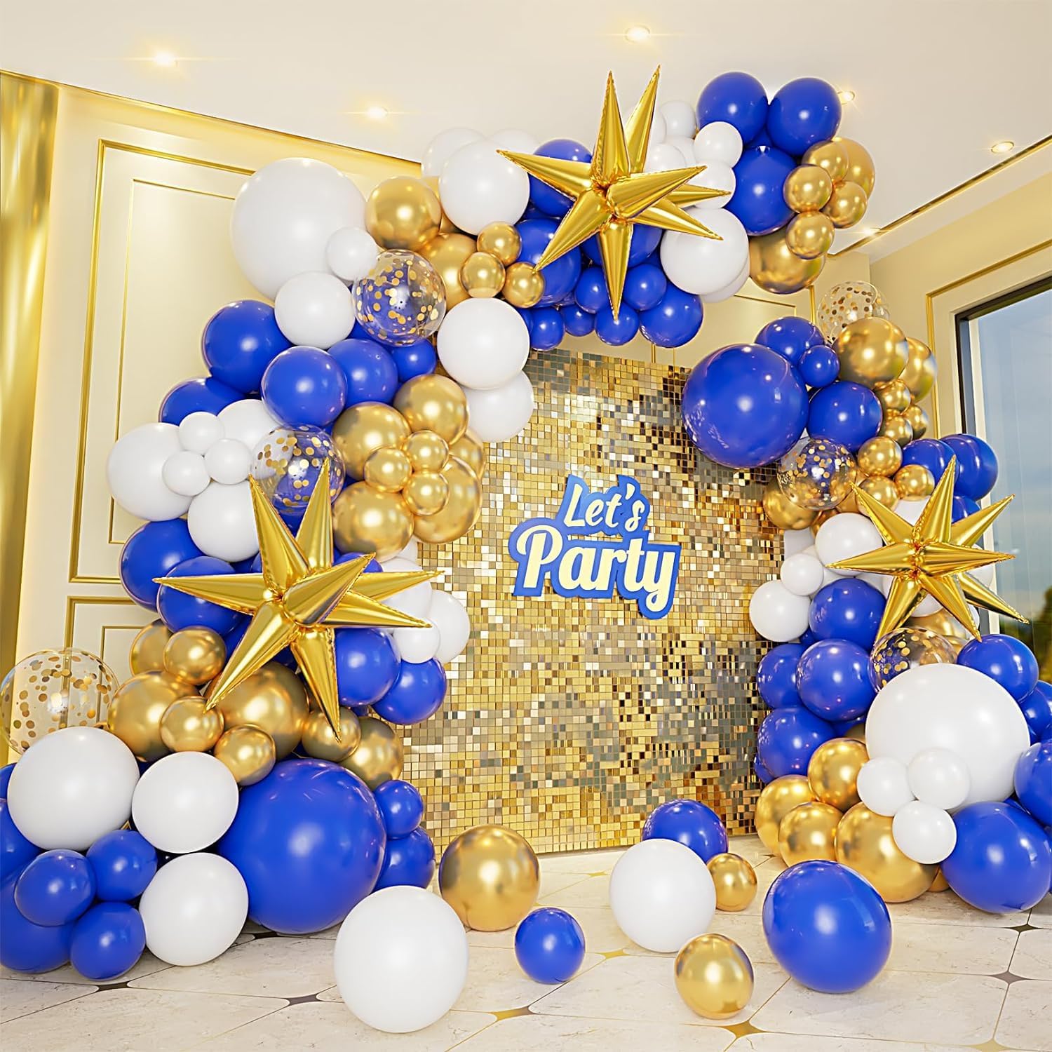 161Pcs Royal Blue White and Gold Balloons Garland Arch Kit with Starburst Foil B...
