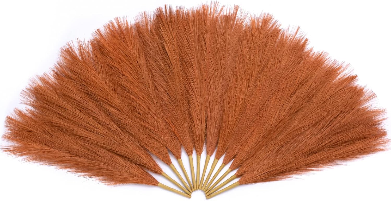 Serwalin Pampas Grass 12Pcs 17.7 Inch, Orange Pampas Grass Decor Faux Pampas Gra...