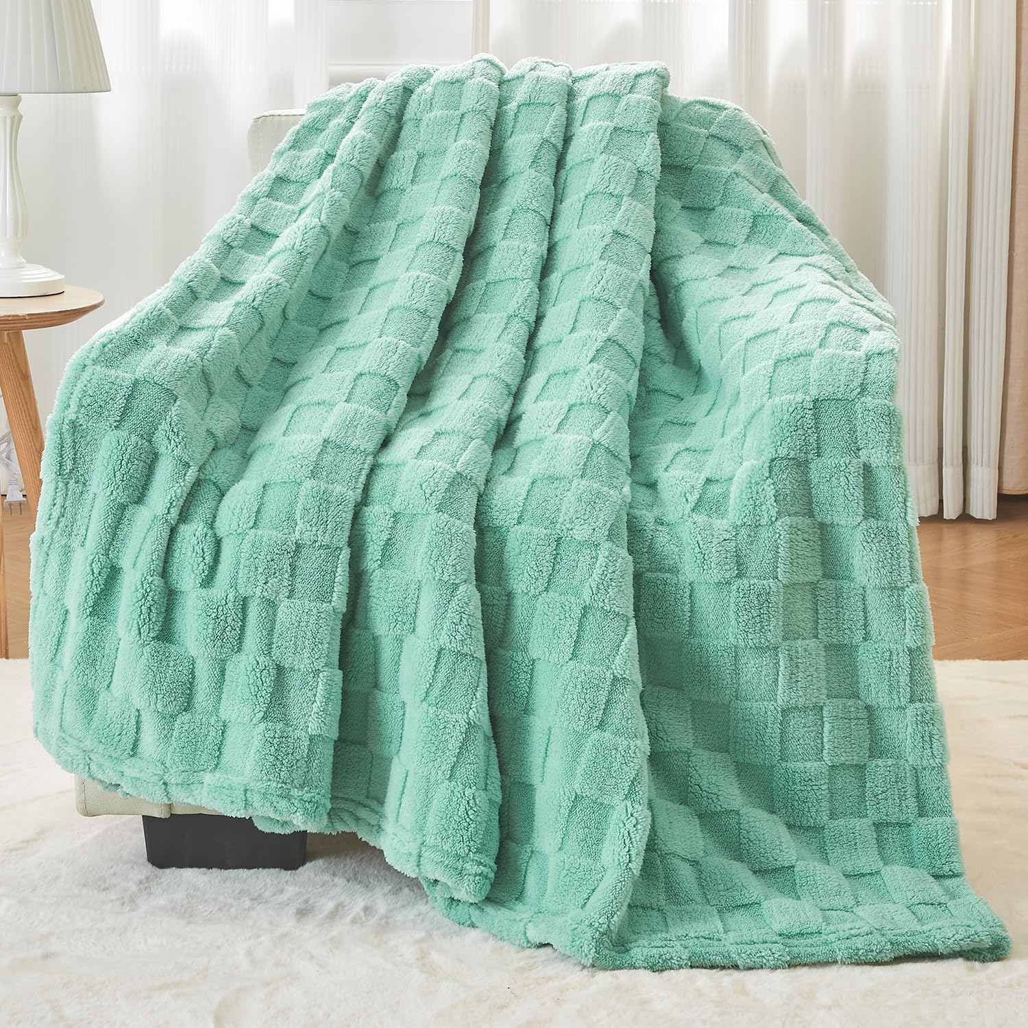 Kaisa Sage Green Blanket Throw, Premium Fleece Bed Blankets, Checkered Blankets...