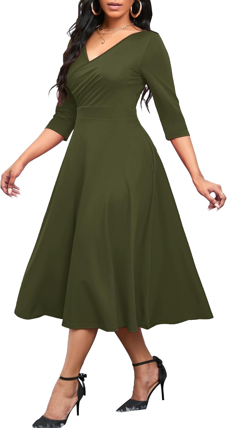 Nmoder Women's Casual Wrap Flared Midi Dress Wedding Guest Cocktail Tea Dresses...