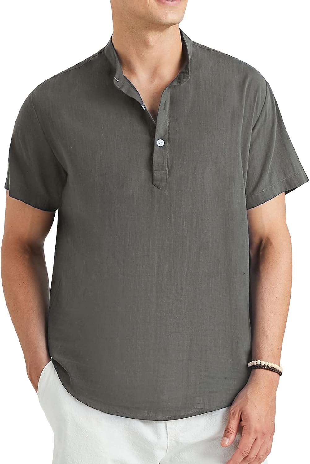 Enlision Men's Linen Shirt Short Sleeve Grandad Collar Collarless Henley Shirts...