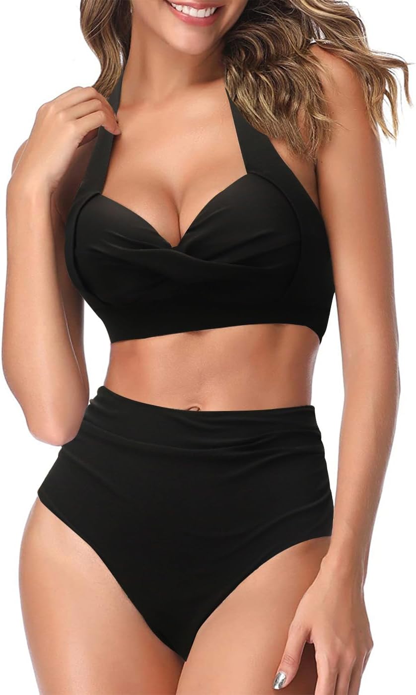 AOQUSSQOA Women Two Piece Tankini Swimsuits High Waist Halter Vintage Bikini Set...
