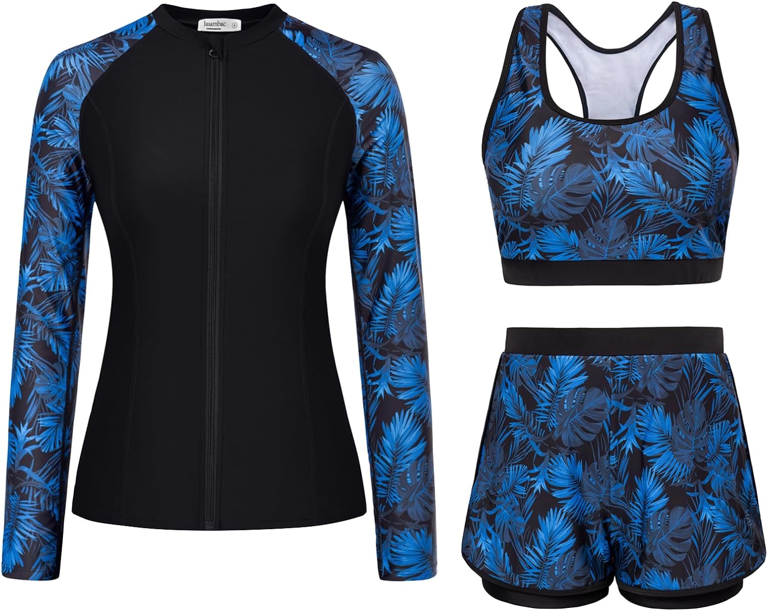 JASAMBAC Women's 3 Piece Rash Guard Long Sleeve Swimsuits with Boyshorts Zip Up...