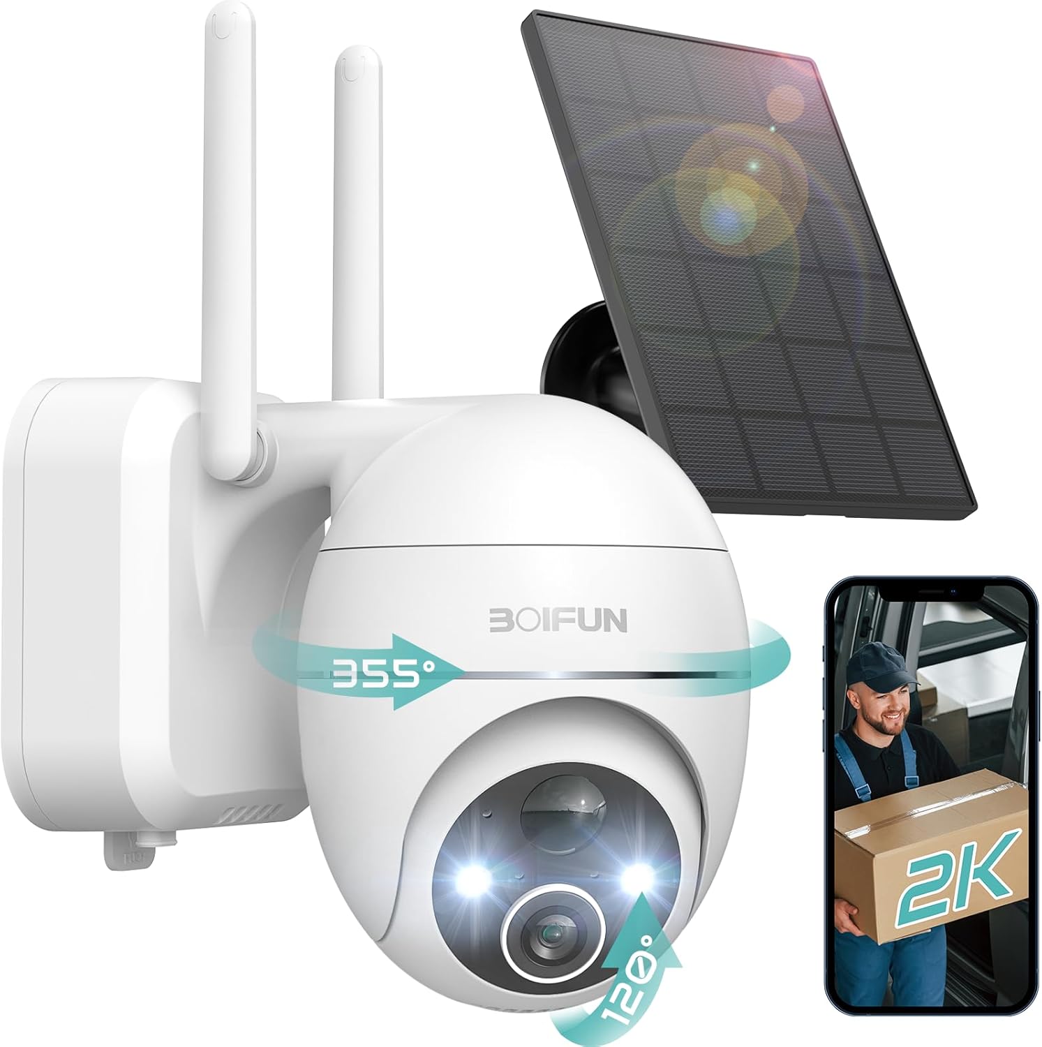BOIFUN 2K Solar Security Camera Wireless, Outdoor 360° CCTV Camera with Powered...