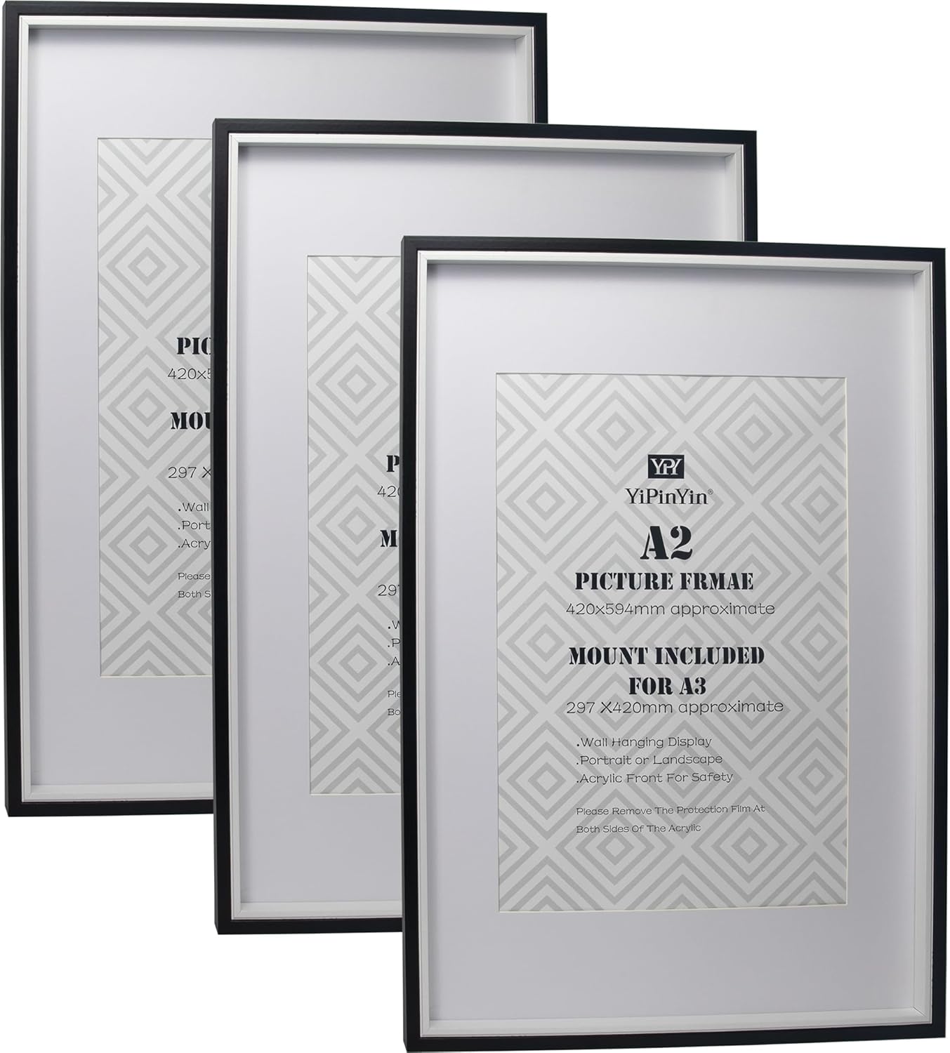 Black & White Two Tone A2(42x59.4cm) Picture Frames Set of 3 with Mounts for A3(...