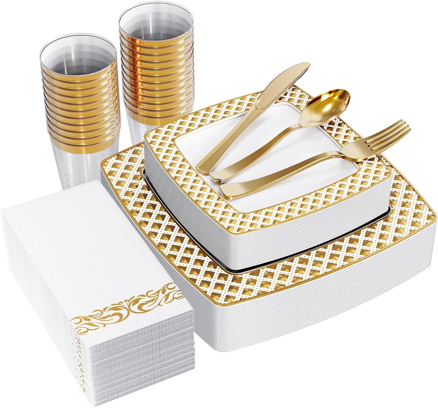 FOCUSLINE 175 Piece Gold Dinnerware Set for 25 Guests- Square Plastic Plates wit...