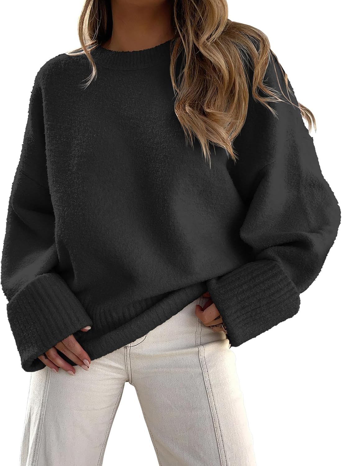 LOGENE Women's Oversized Sweater Crewneck Long Sleeve Soft Fuzzy Knit Pullover S...