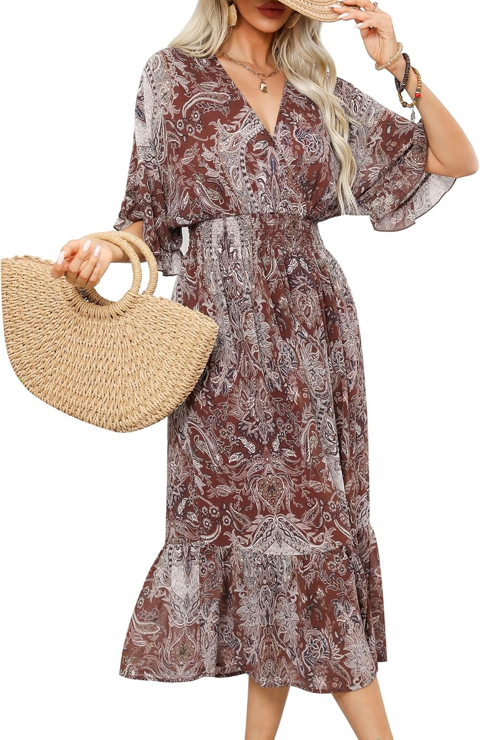Women's Spring Summer 2024 Floral Midi Dress A Line Chiffon Boho Dress Casual Sh...
