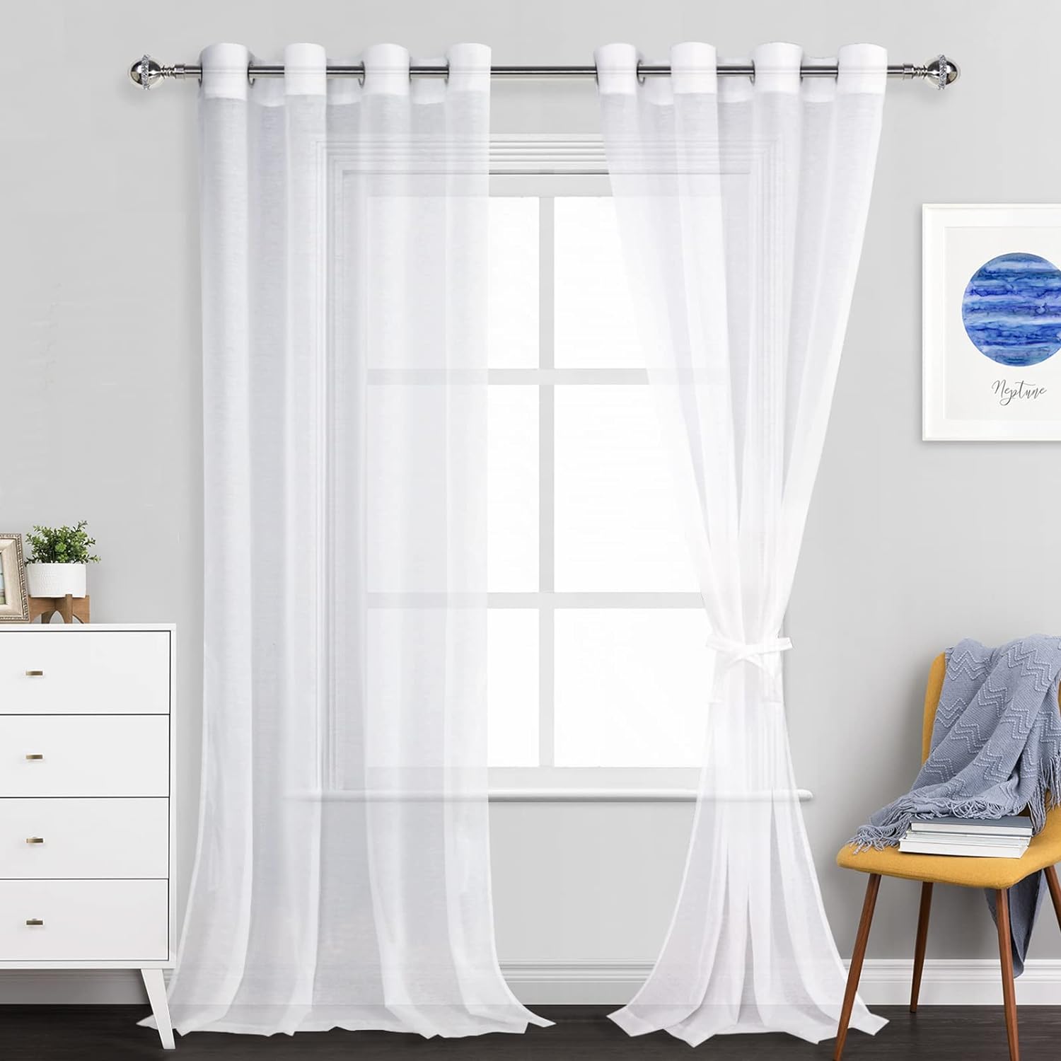 JIUZHEN White Sheer Curtains 96 Inches Long - Grommet Semi Transparent Light Fil...