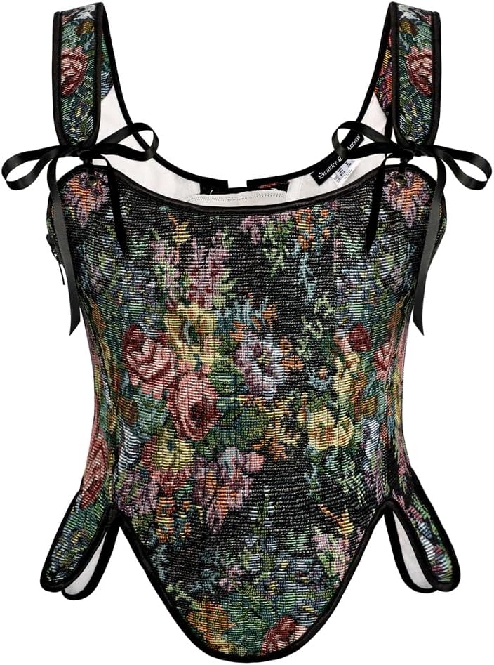 SCARLET DARKNESS Women’s Renaissance Corset Top Square Neck Lace-up Floral Print...