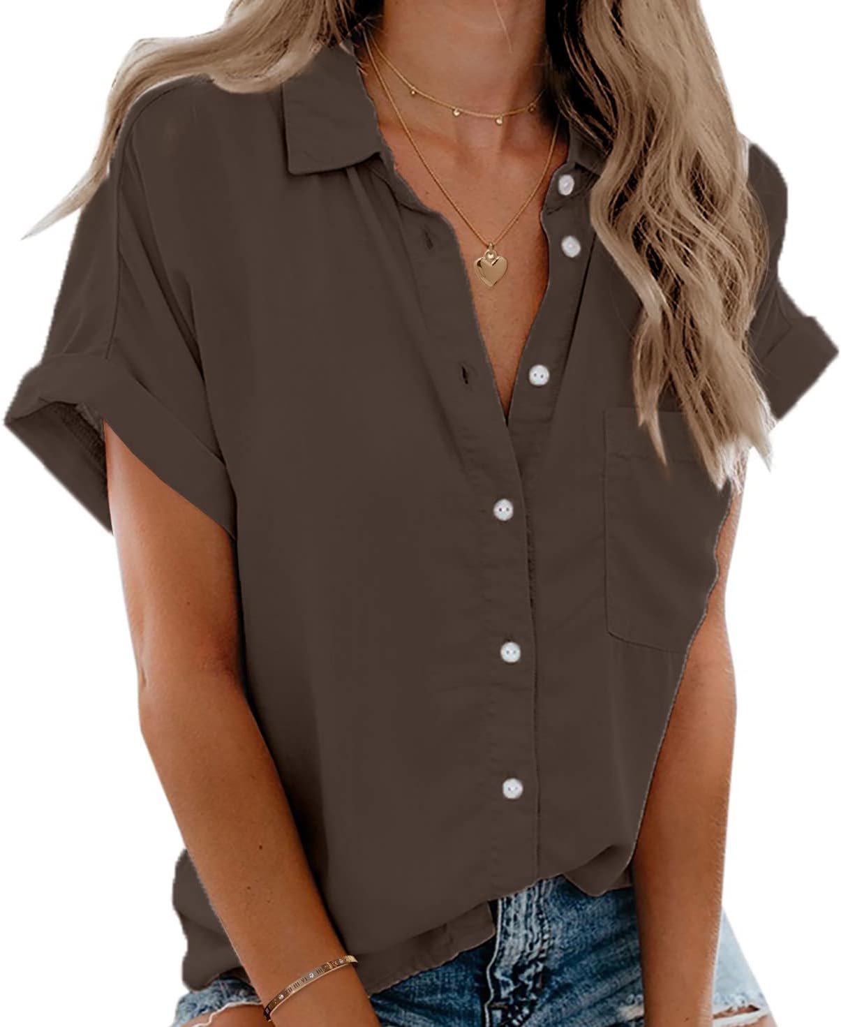 Beautife Womens Short Sleeve Shirts V Neck Collared Button Down Shirt Tops with...