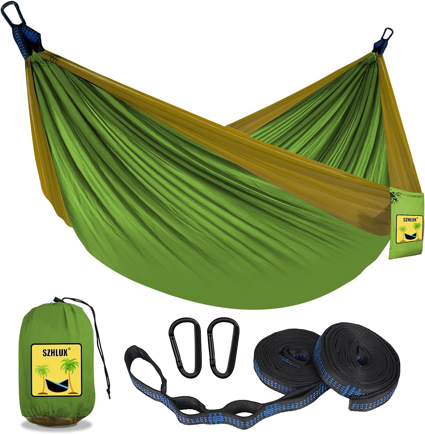 SZHLUX Camping Hammock Double & Single Portable Hammocks with 2 Tree Straps, Gre...