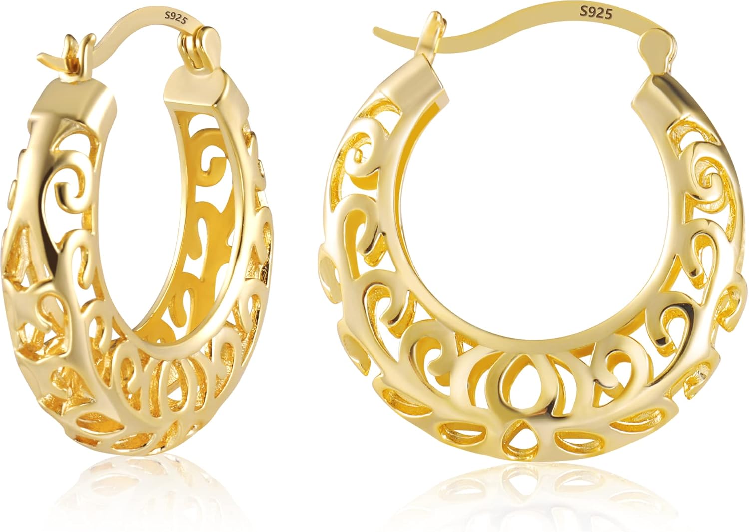 925 Sterling Silver Post Filigree Hoop Earrings for Women Hollow Oval Hoop Earri...