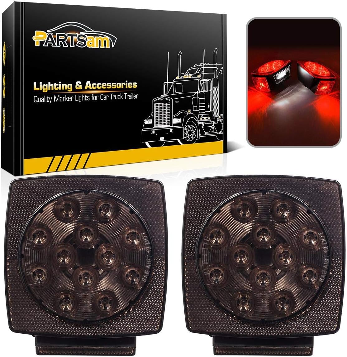 Partsam 12V Submersible Square Led Trailer Lights Smoked Red Combination Led Sto...