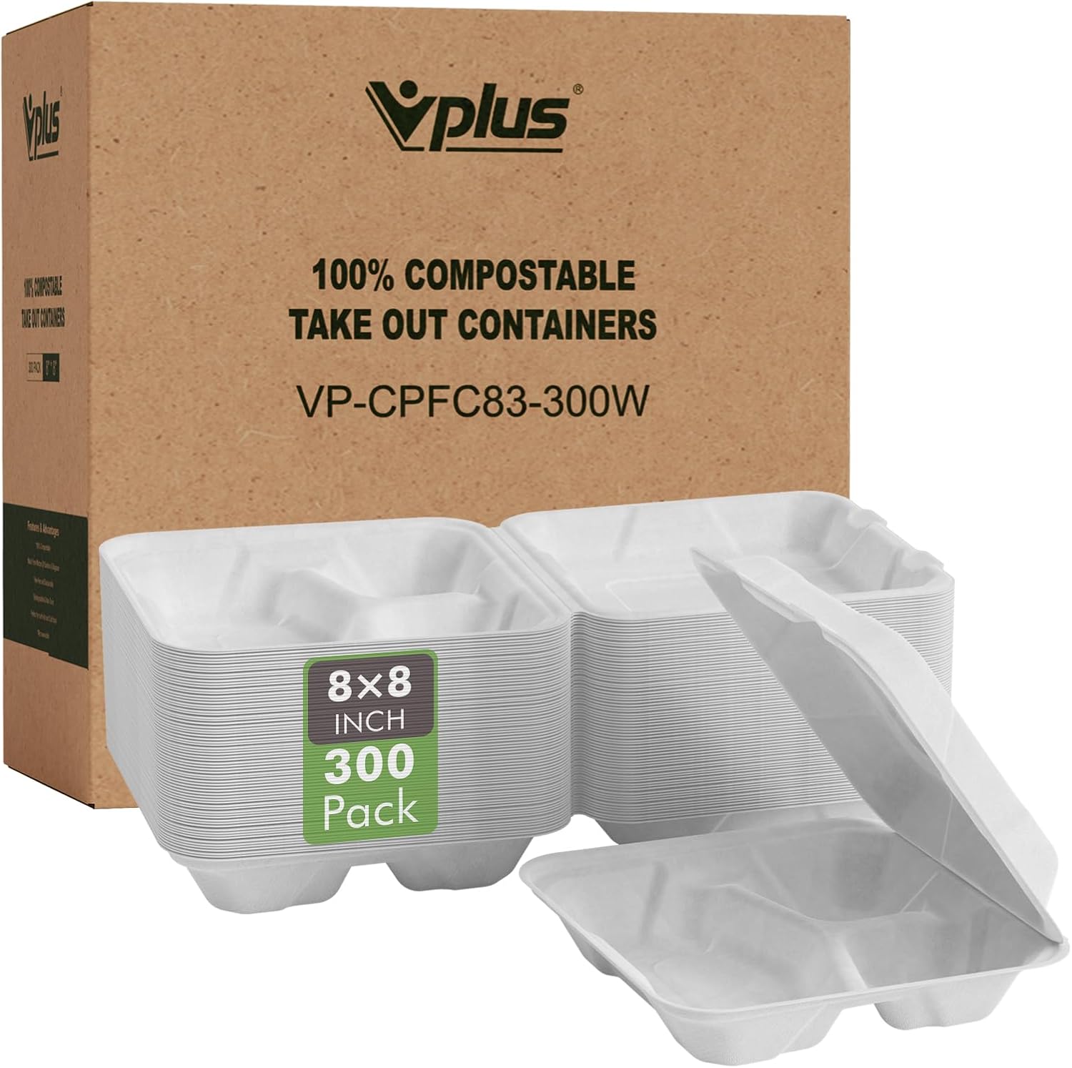 Vplus 300 PACK 100% Compostable Clamshell Take Out Food Containers, 8”X8”Eco-Fri...
