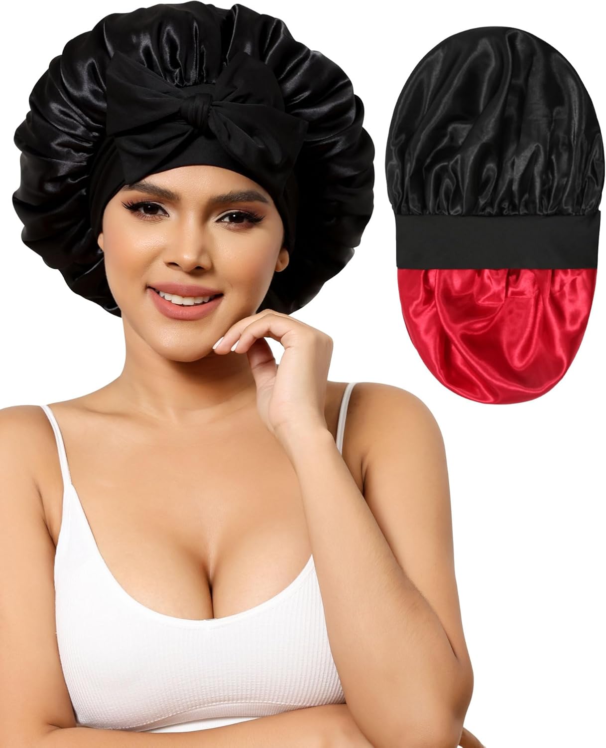 Satin Bonnet for Women Silk Bonnets for Sleeping Curly Hair Bonnet with Tie Band...