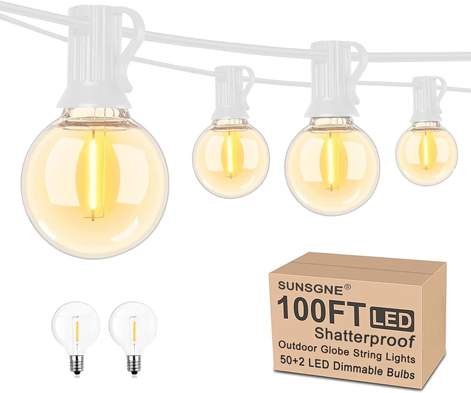 SUNSGNE 100Ft LED Globe String Lights Shatterproof Waterproof G40 Outdoor String...