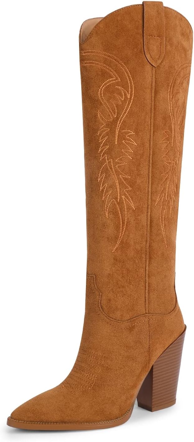 ISNOM Women's Cowgirl Boots Pull On Knee High Boots, Cowboy Western Embroidered...