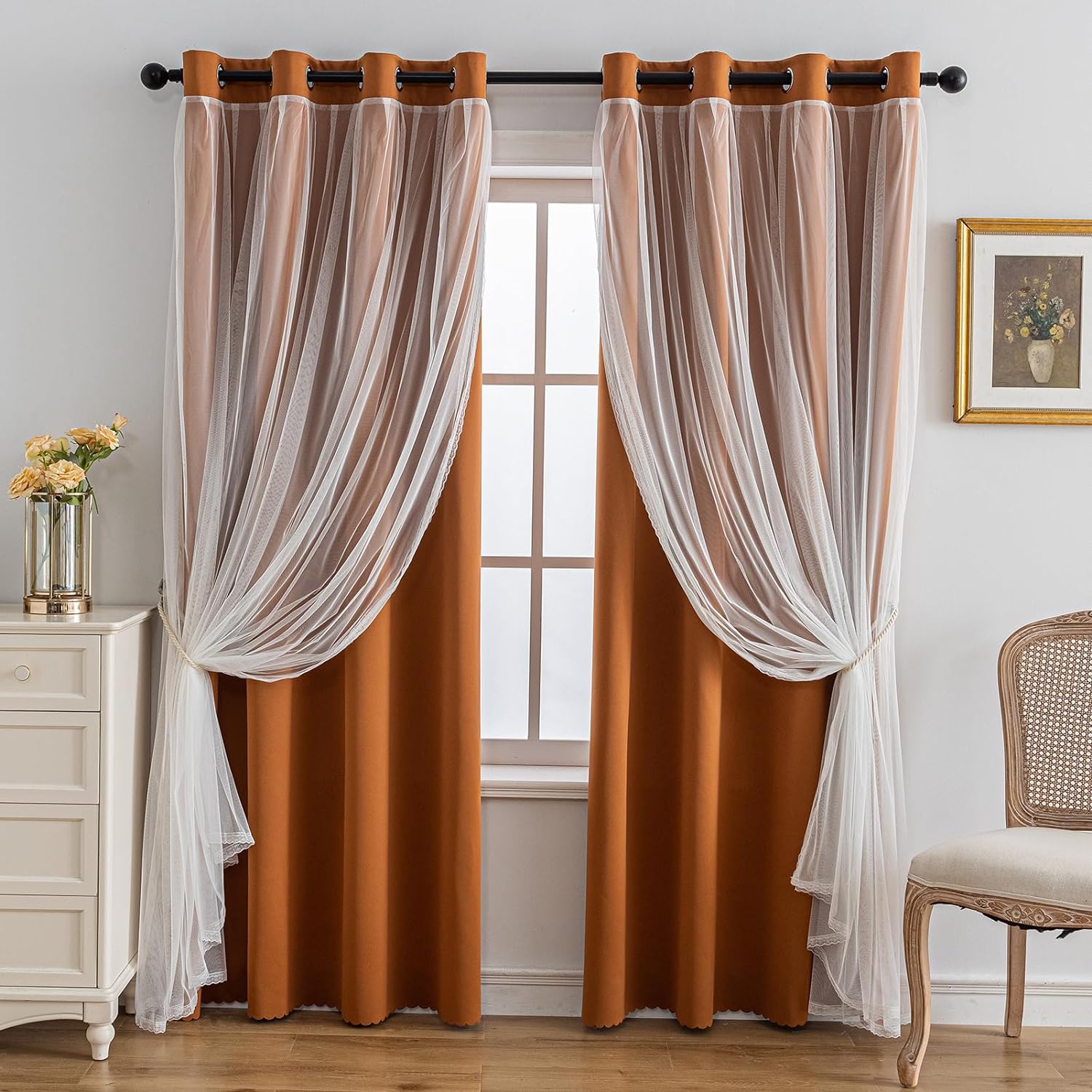 Home Curtains Blackout and Sheer Layered Solid Window Curtain Panel Pair with Gr...
