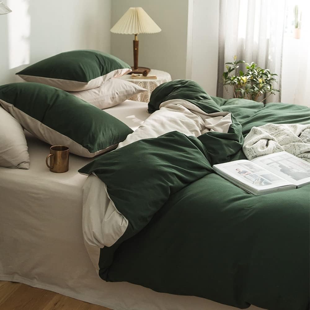 Lanqinglv Single Duvet Cover Set Dark Green and Apricot Reversible Bedding Set M...