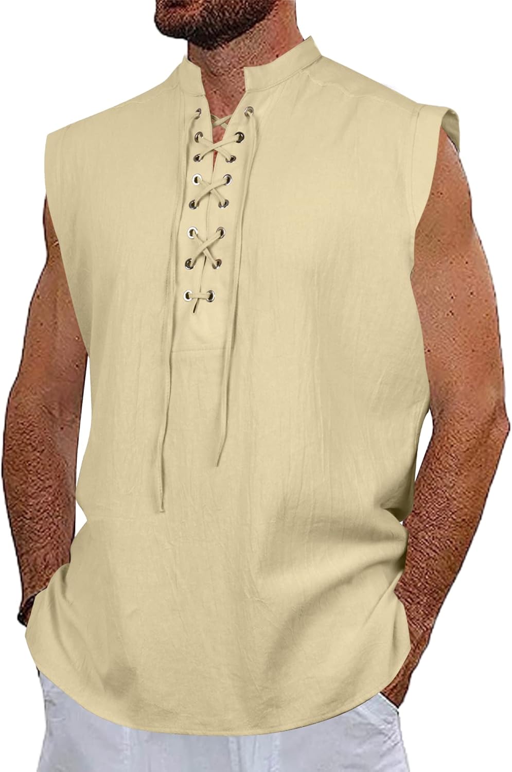 NANAMEEI Men Sleeveless Henley Shirt Mens Medieval Lace Up Sleeveless Shirts L K...
