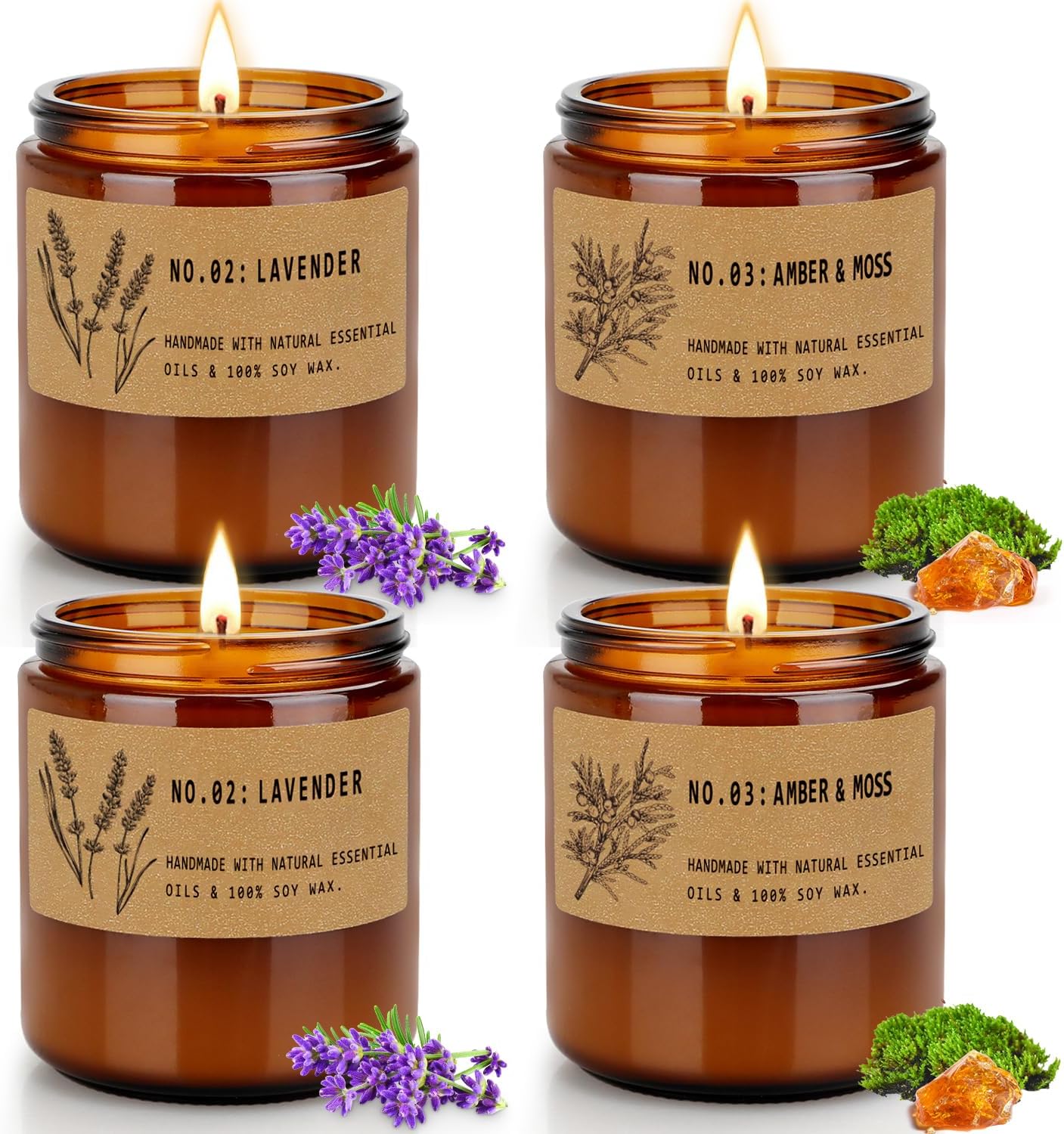 4 Pack Candles for Home Scented, Lavender & Amber Candle, Aromatherapy Jar Candl...
