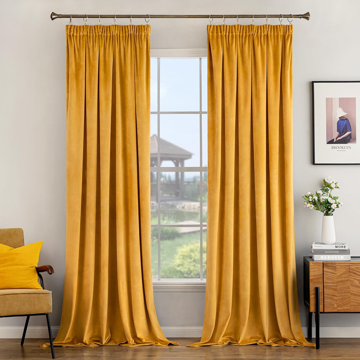 Woaboy Pencil Pleat Velvet Mustard Curtains W66 x L90 for Living Room Luxury Sof...