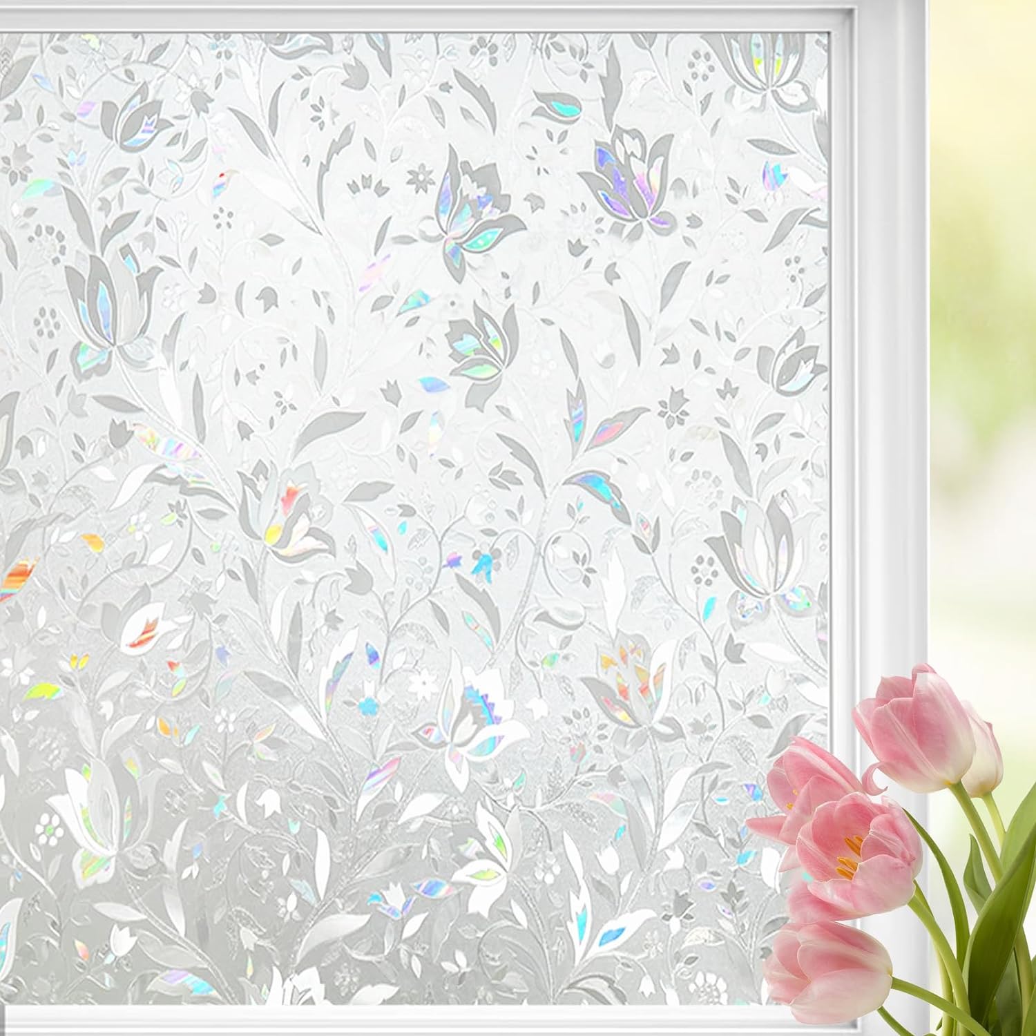 Linarun Rainbow Window Film Privacy 3D Stained Glass Window Film Self-adhesive F...