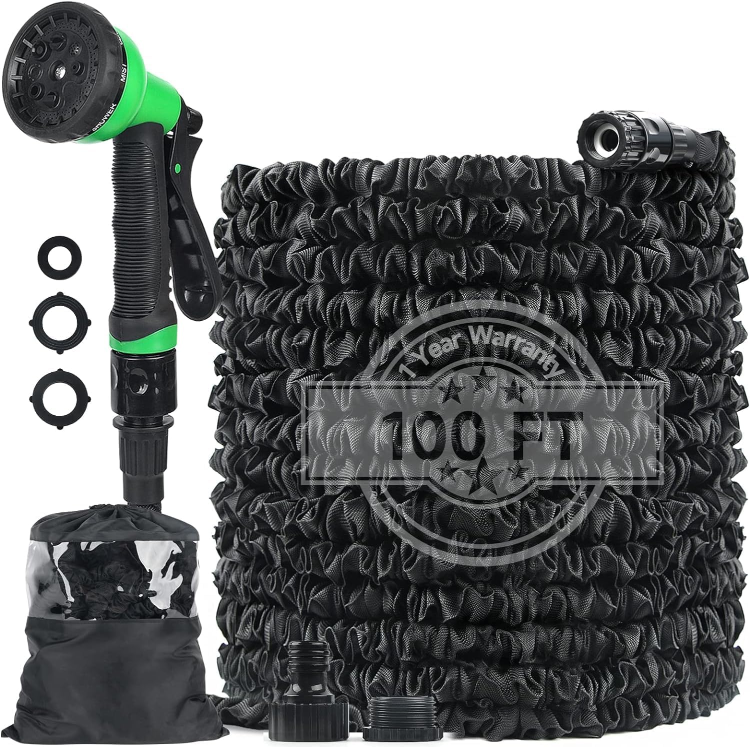 Hose Pipe 100FT Expandable Garden Hose with 8 Function Spray Nozzle, 1/2"& 3/4"A...