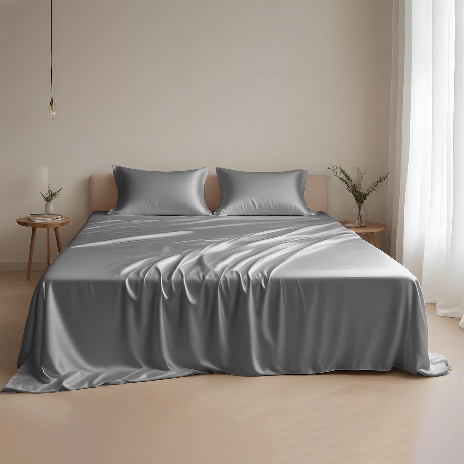 LINENWALAS 100% Eucalyptus Silk Bed Sheet Set, Luxury Tencel Lyocell Cooling She...
