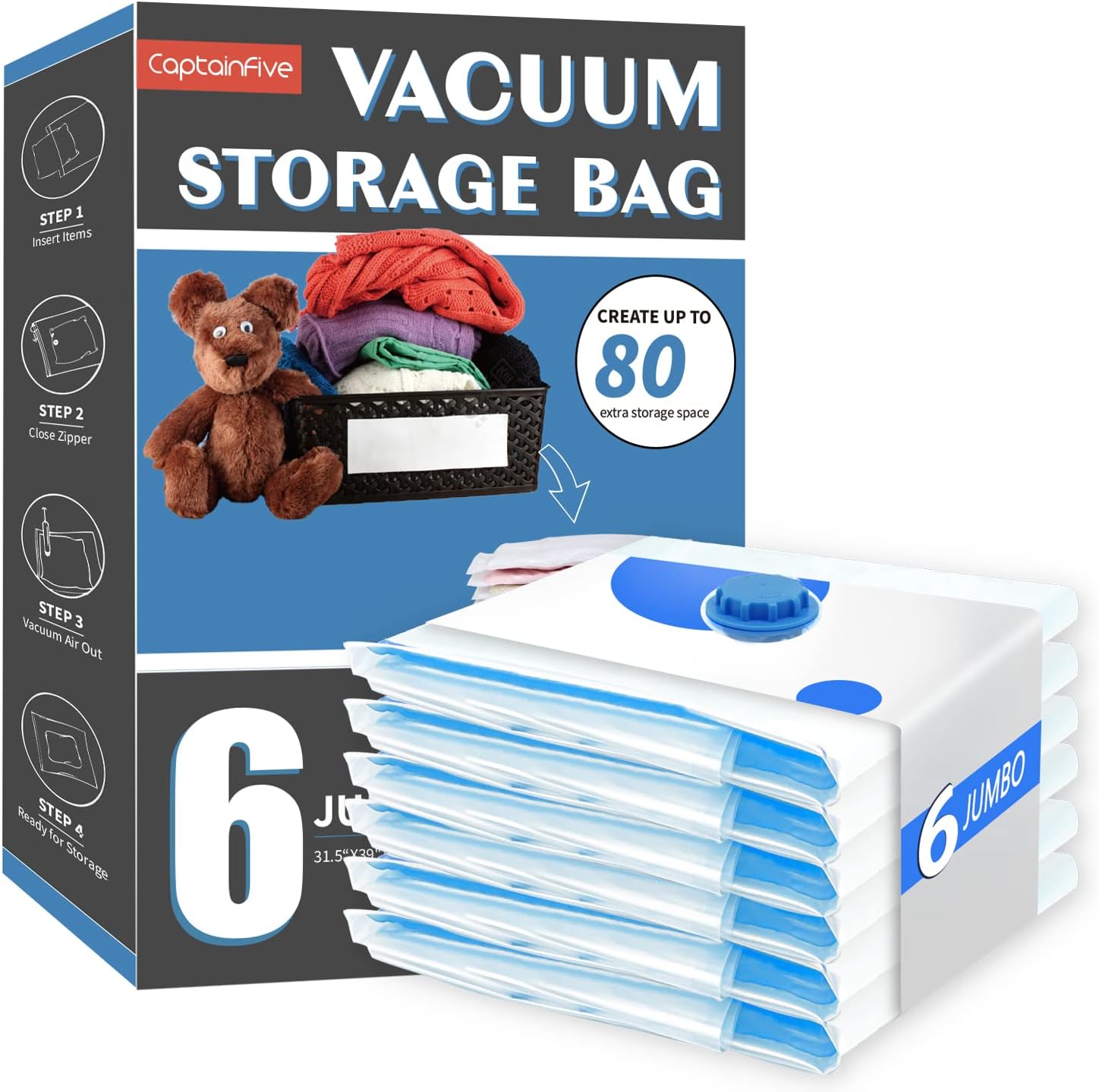 CaptainFive Vacuum Storage Bags 6 Packs, JUMBO Vacuum Bags (100 x 80cm) for Clot...