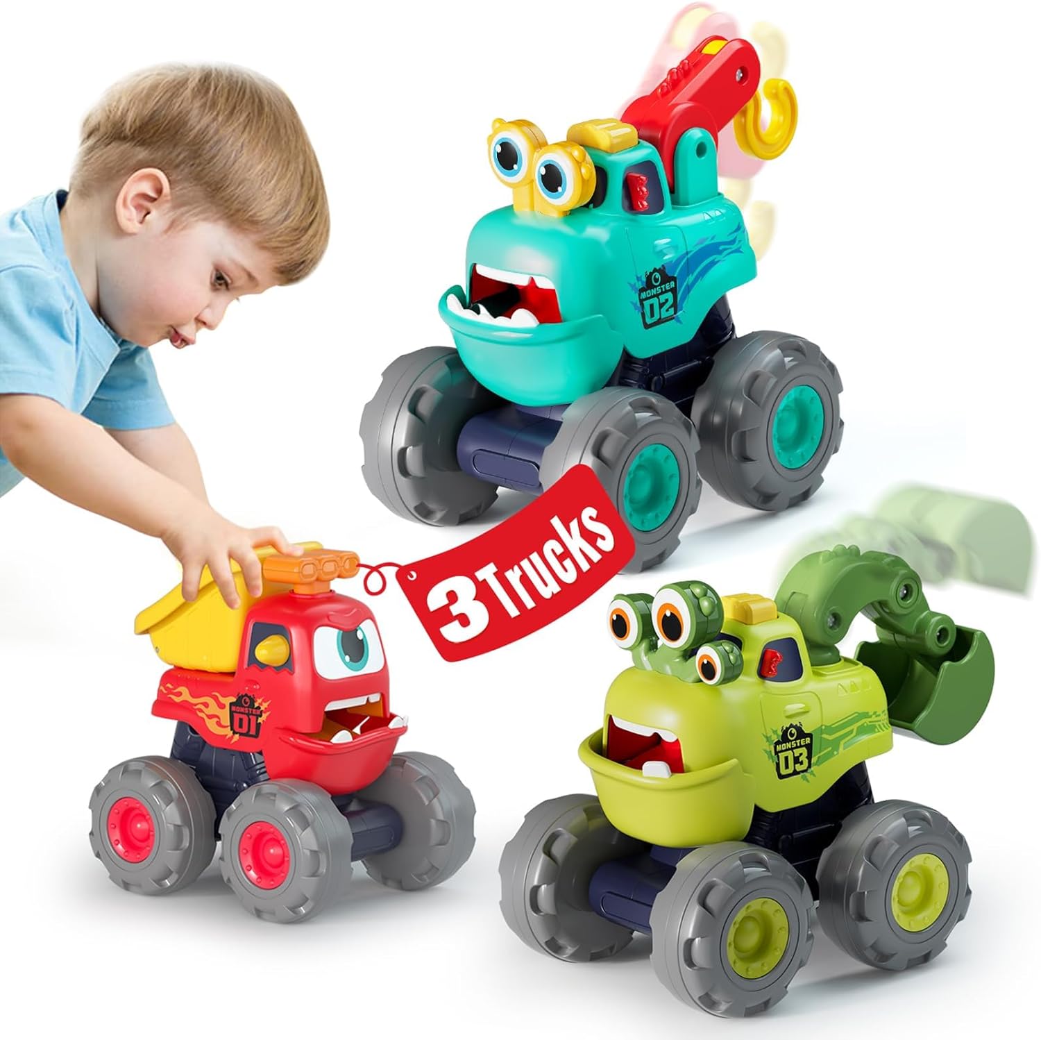 SunnyPal Toys for 1 Year Old Boys Birthday Gift - 3 Pack Monster Truck Toys for...