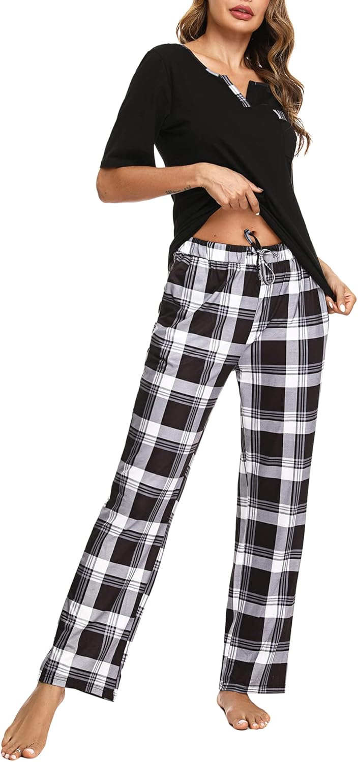 Bresdk Women Pyjama Set Cotton Checked Short Sleeve Loungewear 2 Pieces V-Neck T...