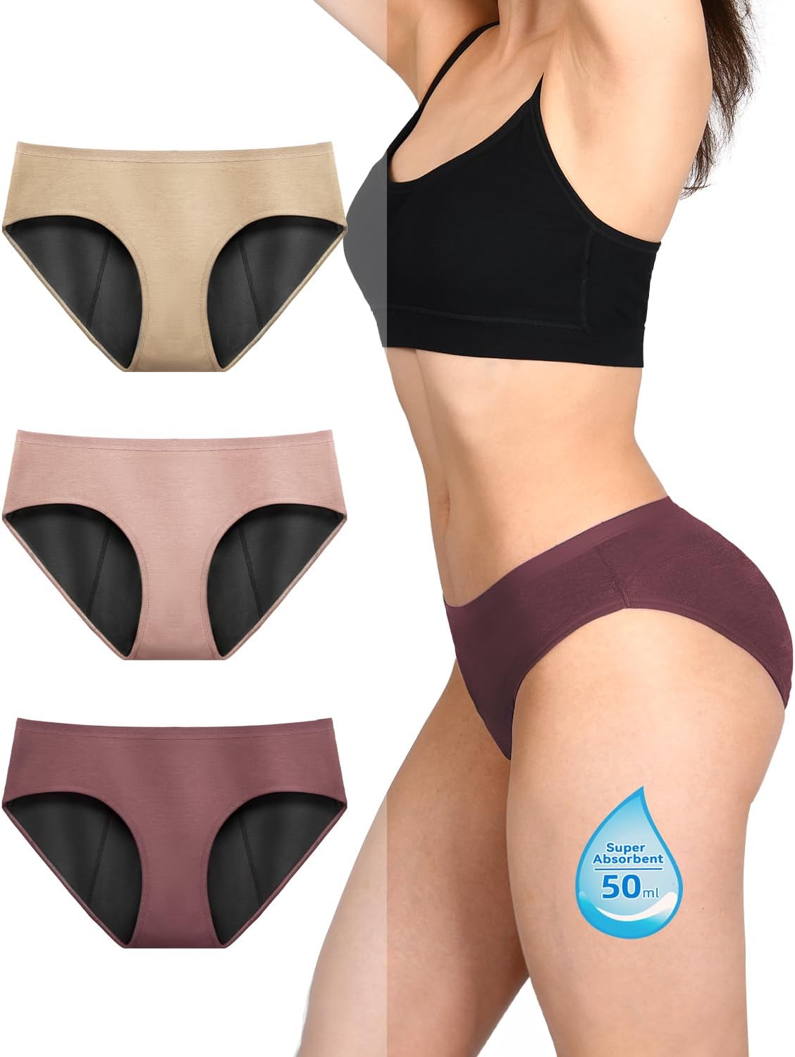 TIICHOO Period Pants Heavy Flow for Women Hipster Panties Soft Absorbent Materni...