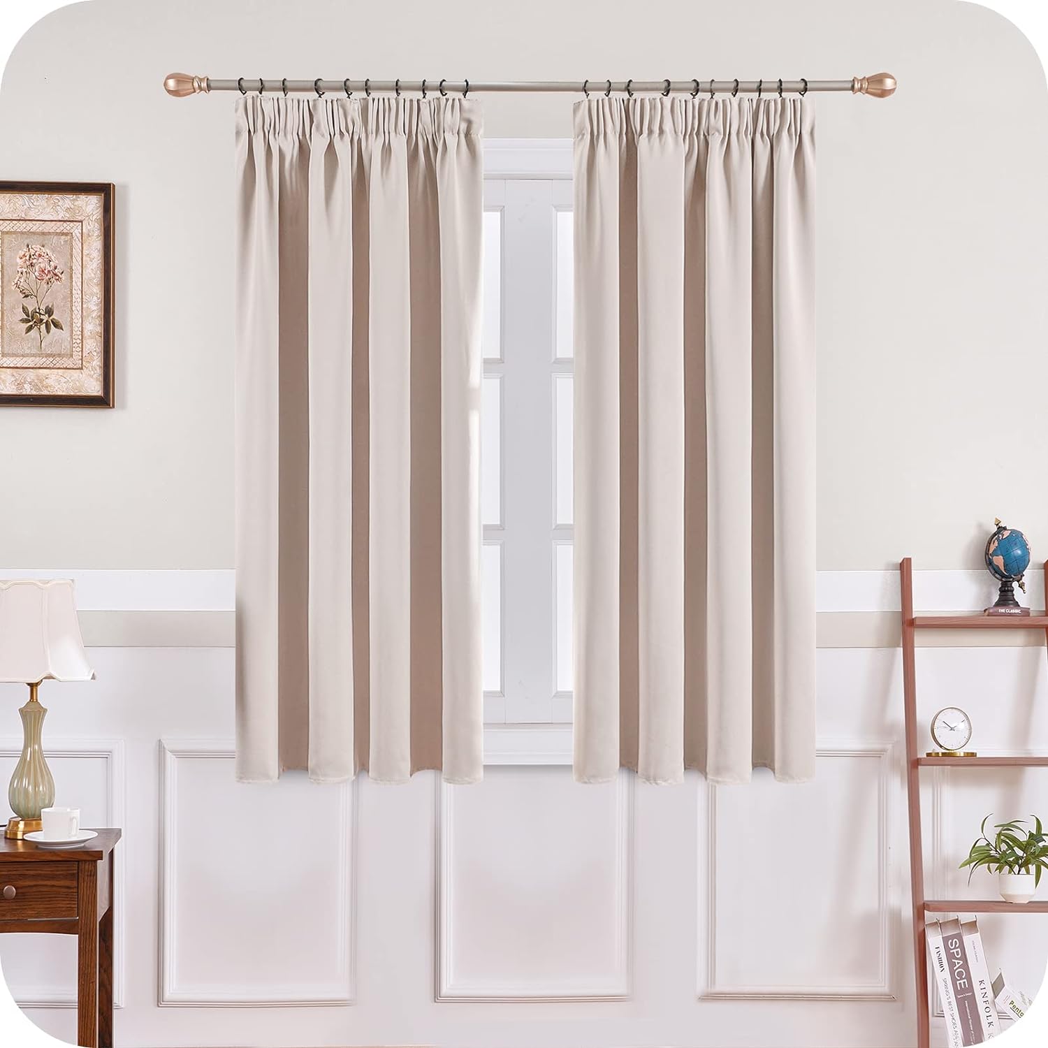 MRTREES Blackout Curtains 54 Drop 2 Panels Beige Pencil Pleat Thermal Curtains f...
