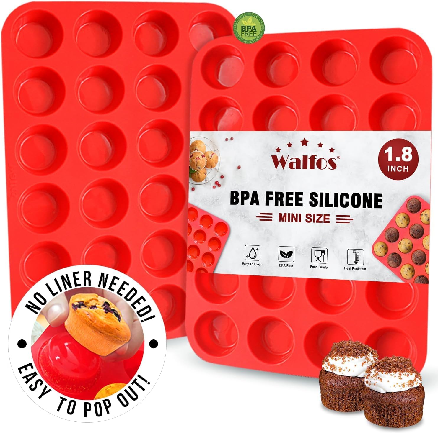 Walfos 2pcs Silicone Mini Muffin Pan - 24 Cups, BPA Free and Dishwasher Safe, No...